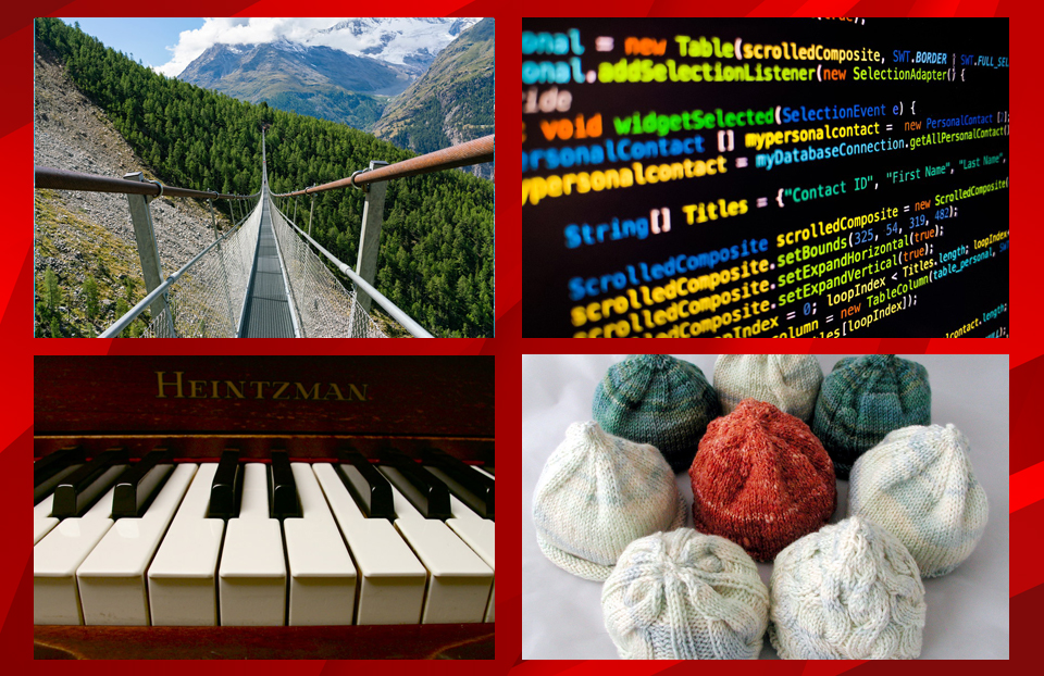 左上方的照片显示悬架桥。右上右图显示在计算机屏幕上编码。左下方显示钢琴键。右下方显示针织婴儿帽子。