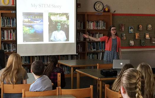 奥利维亚向纽约300多名中学生展示了她的STEM故事。