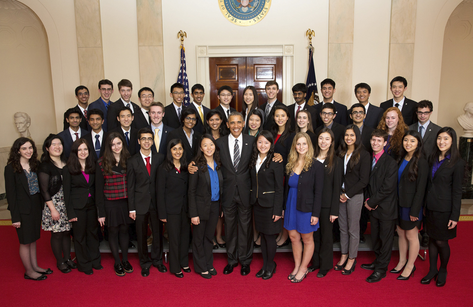 President Obama with the 2015 Science Talent Search finalists at the White House.