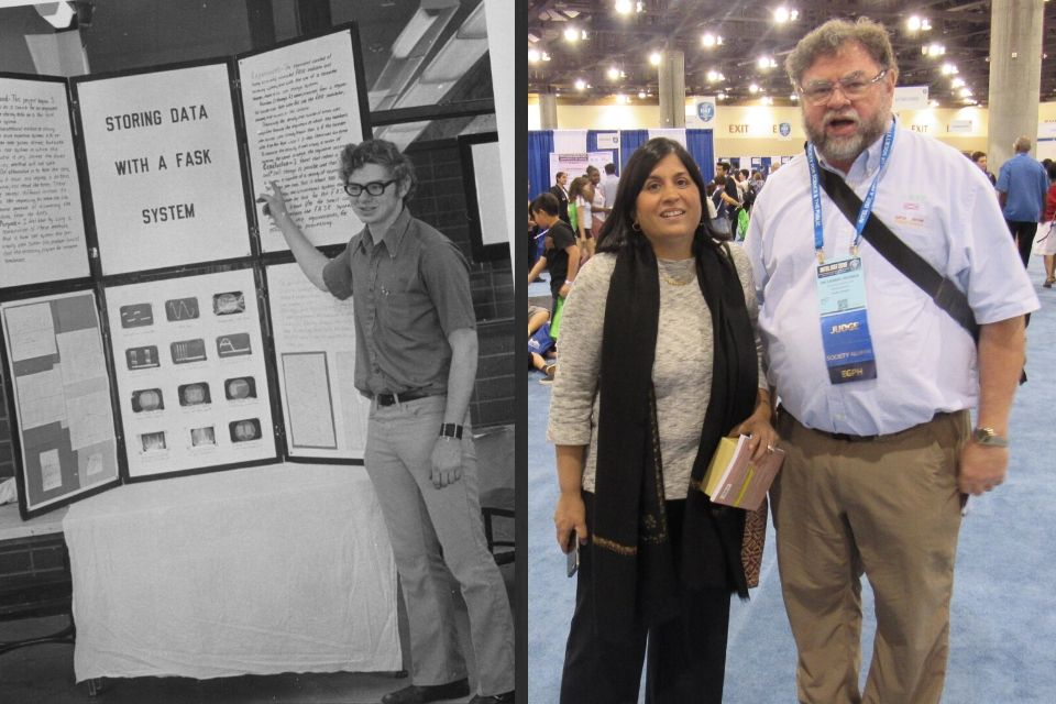 左：丹尼斯在1970年代初与他的科学海报合影。右：丹尼斯与凤凰城ISEF 2019协会主席兼首席执行官Maya Ajmera合影。