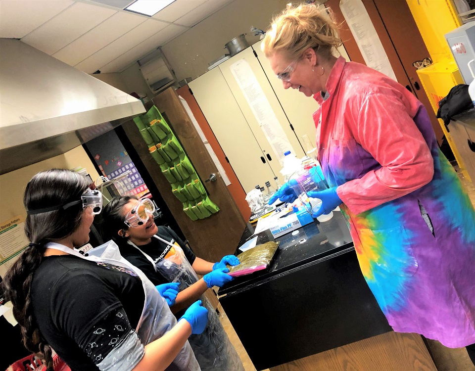 辩护黛比·摩根（Debbie Morgan）和她的学生在实验室中。
