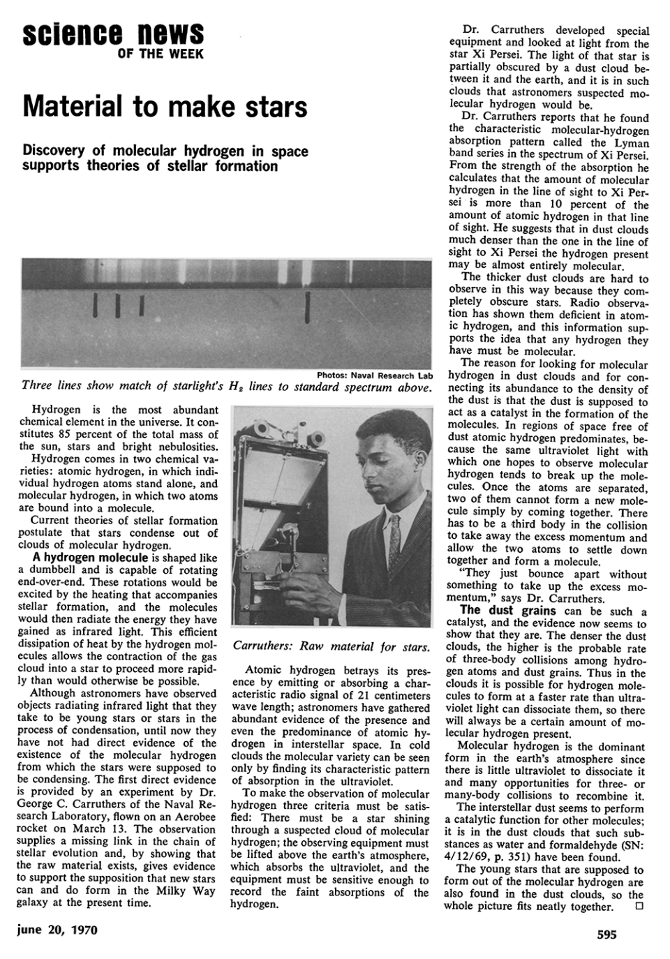 著名的校友 - 乔治·卡鲁瑟斯（George Carruthers） - 这篇科学新闻文章讨论了空间中分子氢的发现，并使用Carruthers在1969年发明的望远镜证明。