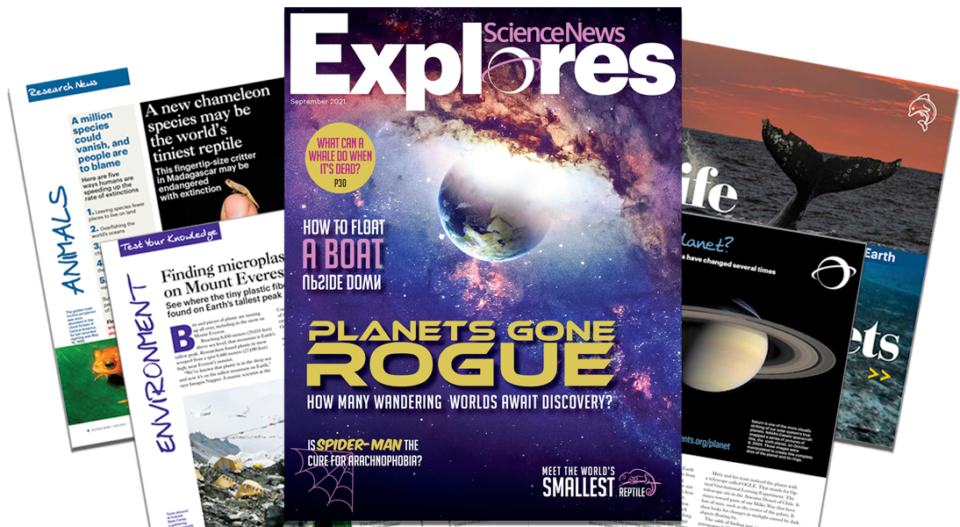 科学新闻探索的封面和内页视图，一本为9岁及以上儿童学习科学的杂志。